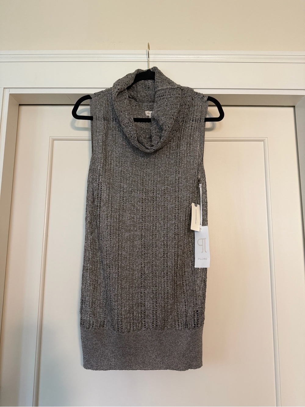 Anthropologie Pilcro Silver Metallic Open Knit Cowl Neck Sleeveless Tunic M